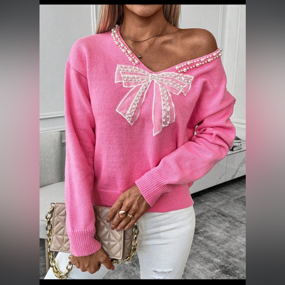 Long Sleeve V-Neck Pearl Bow Knit sweater